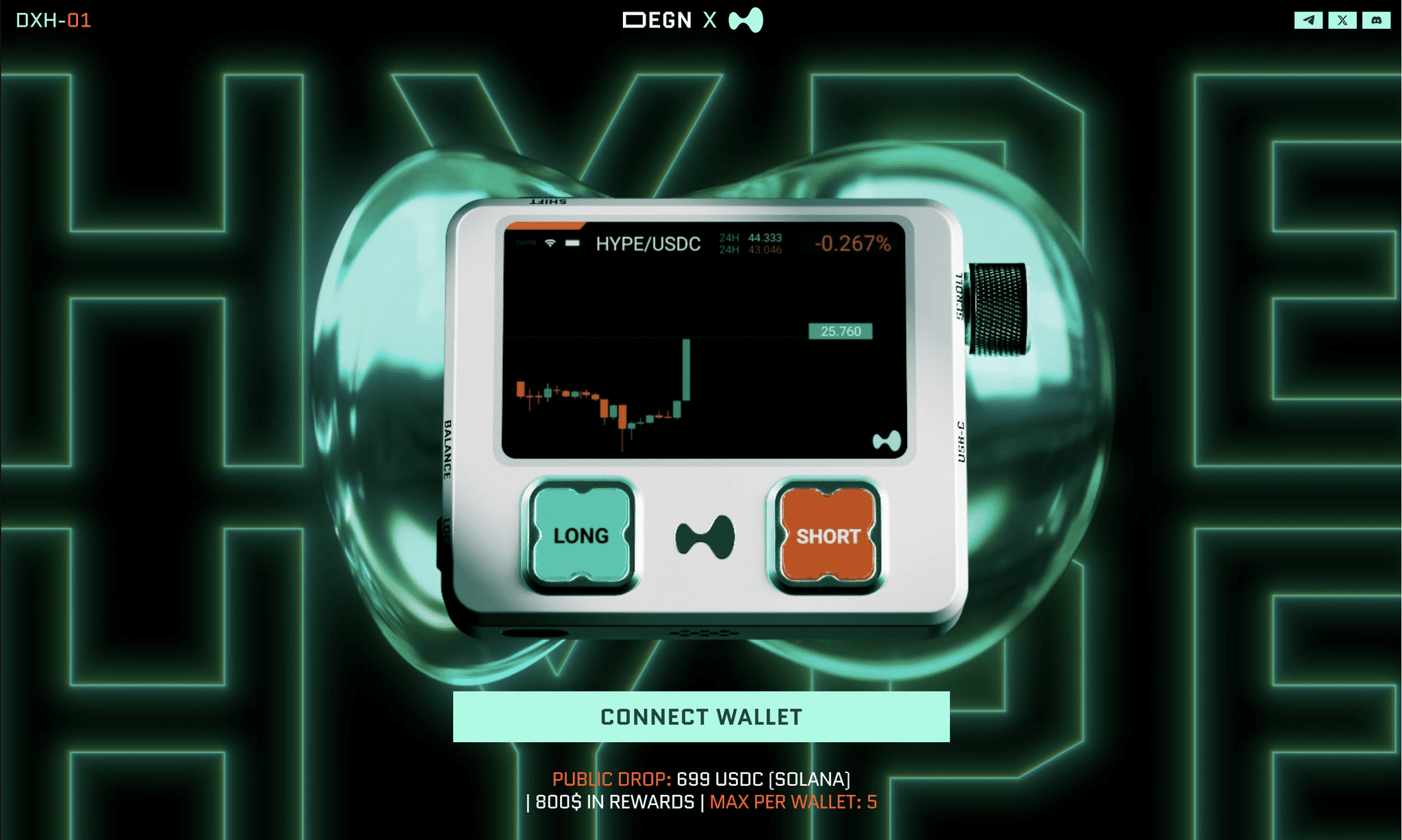 Interfaz DeFi HYPE/USDC de DEGN en Solana.