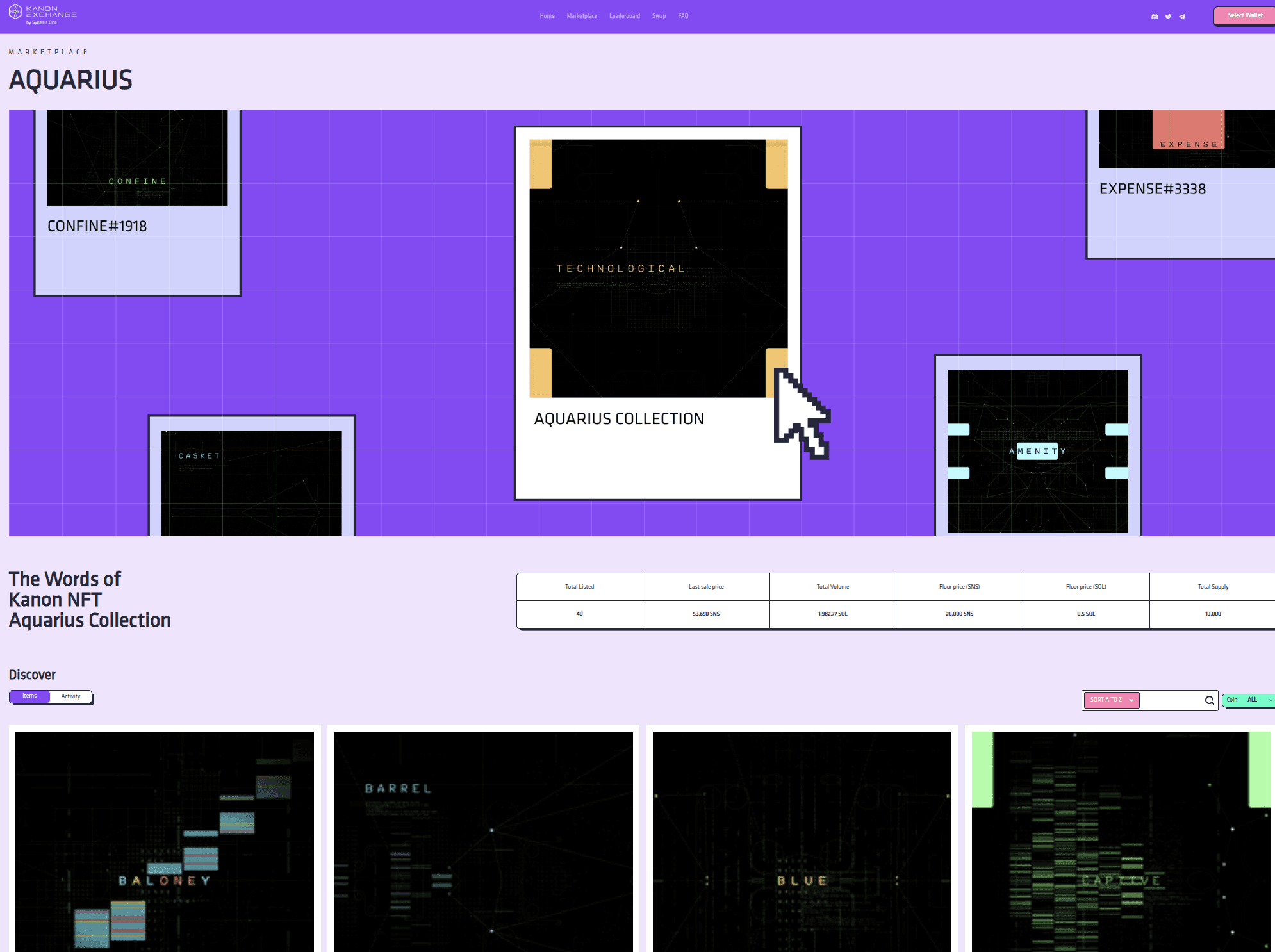 Pantalla principal del marketplace NFT Kanon Exchange.